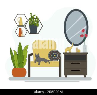 Modern interior design. Armchair with cat and sofa cushion. Shelves with plants in pots. Mirror and cabinet with figurines and a vase of flowers. Vect Stock Vector