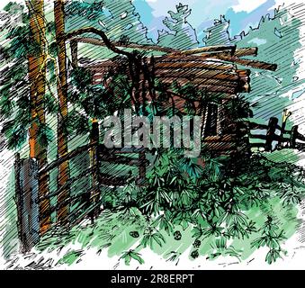 Rural landscape in graphic style, hand drawn and converted to vector Illustration. Stock Vector