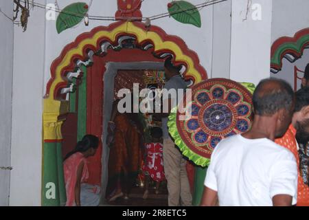 Bhadrak, Odisha , INDIA - JUNE 20 2023 : Divine looking idol of Hindu deities Lord Jagannath During Chariot Festival. World Famous Rath Yatra (chariot Stock Photo