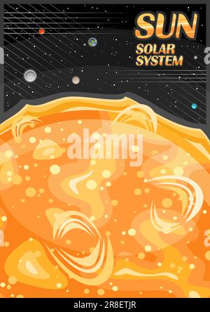 Vector Poster for Sun, decorative vertical banner with illustration of orbiting solar system planets around cartoon sun on black starry background, a4 Stock Vector