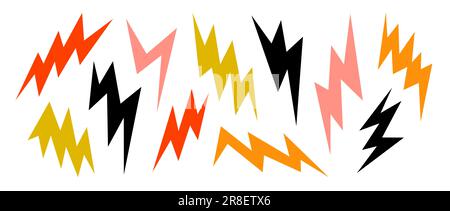 Colorful lightning bolt set. Bright thunderbolt collection. Flash symbols in cartoon colors. Lightning strike signs. Vector illustration  Stock Vector