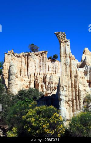 Site of the Organs or Fairy Chimneys, geological site, erosion due to wind, rain, discovery circuit. Ille-sur-Tet. Pyrenees-Orientales, Occitanie, France Stock Photo