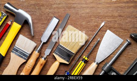 Carpentry tools on wood background Stock Photo