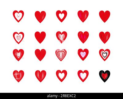 Big set of Big set of red grunge hearts. Isolated on white. Design elements for Valentine's Day.20 multi-colored hearts red, white, black. Stock Vector