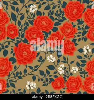 Floral Seamless Pattern of Red Flowers and Dark Green Leaves on Flaxen Backdrop in Chinoiserie Style. Hand Drawn Art, Wallpaper Design for Textile, Paper, Print, Fashion Backgrounds, Beauty Products Stock Vector