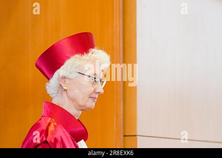 Karlsruhe, Germany. 21st June, 2023. Doris König, Chairwoman of the Second Senate, arrives in the hearing room of the Federal Constitutional Court. Under negotiation is the reallocation of money in the federal budget in favor of climate protection instead of for Corona measures. The CDU/CSU in the Bundestag opposes the transfer of the 60 billion euro credit authorization in the 2021 supplementary budget. Credit: Uwe Anspach/dpa/Alamy Live News Stock Photo