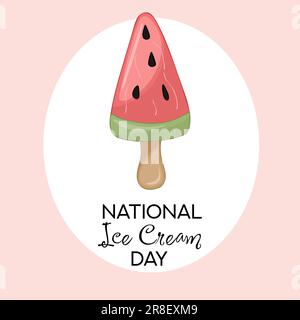 Happy National Ice Cream Day card. Hand-drawn vector illustration of fruit watermelon ice cream on a stick. Stock Vector
