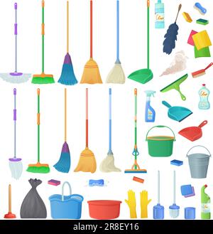 Cartoon household equipment set. A broom sweeps dust and dirt on scoop. mop or swab, feather duster, plastic bucket.Cleaning services, concept Stock Vector