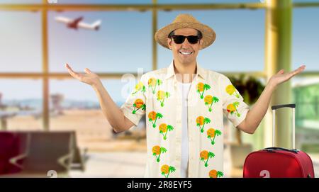Latin man on vacation wearing floral shirt hat sunglasses at airport clueless and confused expression with arms and hands raised. Doubt concept Stock Photo