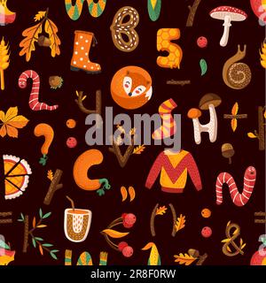 Cartoon autumn and Thanksgiving letters or numbers seamless pattern. Fall season leaves and pumpkin alphabet vector background of autumn harvest festival. Thanksgiving abc type with apple, maple, fox Stock Vector