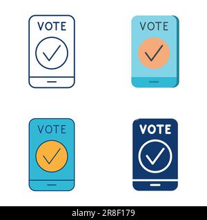 Smartphone with vote symbol icon set in flat and line style. E-voting. Voting button on mobile phone screen. Vector illustration. Stock Vector