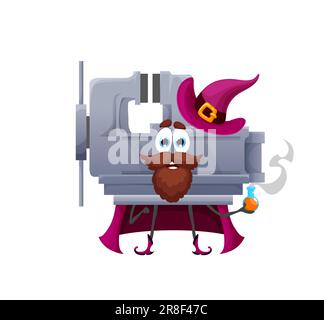 Cartoon halloween vise tool wizard character. Isolated vector carpentry workshop instrument holding potion flask. Construction equipment warlock with magic brew for casting dark incantation Stock Vector