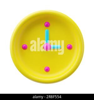 3d plastic round watch. Realistic mechanical clock isolated on white background. Model dial icon. Hour, minutes, time, alarm clock symbol. Yellow Colo Stock Vector