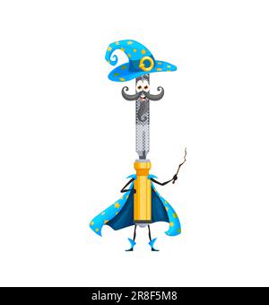 Cartoon halloween file or rasp tool wizard character. Isolated vector repair, diy, carpentry or construction instrument hold magic wand. Funny smiling personage dressed in warlock robe celebrate party Stock Vector