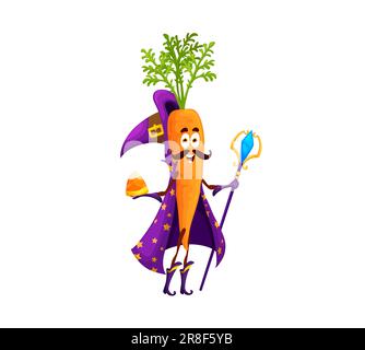 Cartoon carrot Halloween vegetable wizard, witch and mage character ...