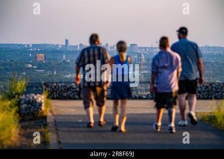 View in south direction, skyline of Essen, Hoheward slagheap, landscape park, NRW, Germany, Stock Photo