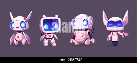 Cute ai robot evolution mascot cartoon vector set. Digital modern computer bot design icon isolated. Artificial intelligence mechanical companion friend for communication and education in internet. Stock Vector