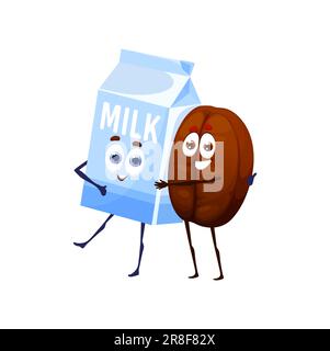 Cartoon happy coffee bean and milk characters. Childish and comical coffee beam walking together and hugging with box of milk vector characters. Fast food restaurant hot drinks, coffeeshop cute mascot Stock Vector