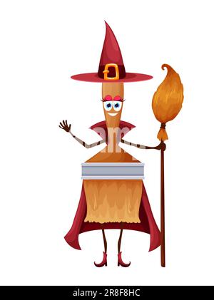 Cartoon Halloween paint brush witch character holding broom. Isolated vector paintbrush enchantress diy tool personage dressed in witch hat, cloak and boots casting spell with playful face expression Stock Vector