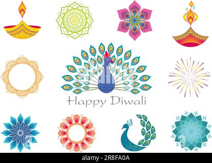 Happy Diwali Colorful Rangoli Icon Set Isolated On A White Background. Vector Illustration. Stock Vector