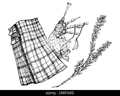 Ink hand drawn vector sketch. Scottish traditional menswear, tartan pattern kilt and bagpipes with heather flower branch. Design for tourism, travel Stock Vector