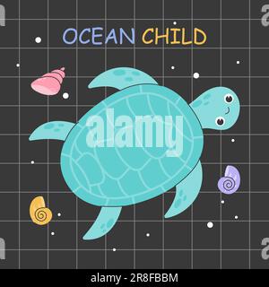 Poster with cute turtle and seashells.  Stock Vector