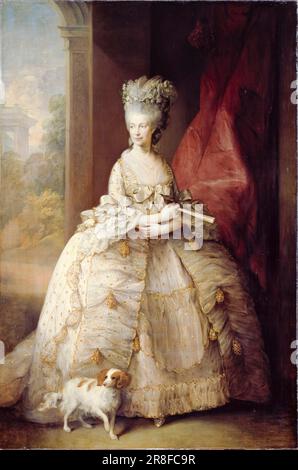 Queen Charlotte of England, Charlotte of Mecklenburg-Strelitz (1744-1818), Queen Consort of Great Britain and Ireland as the wife of King George III, portrait painting in oil on canvas by Thomas Gainsborough and workshop, 1781 Stock Photo