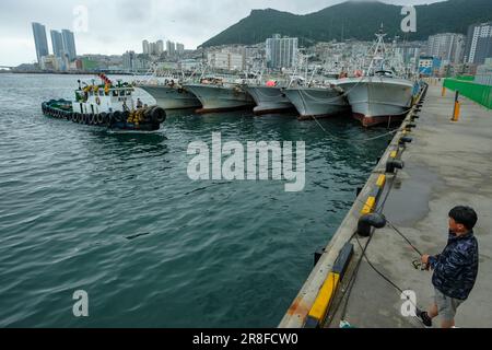 Busan, South Korea - May 28, 2023: A man fishing in the Busan harbor next to the Jagalchi fish market, South Korea. Stock Photo