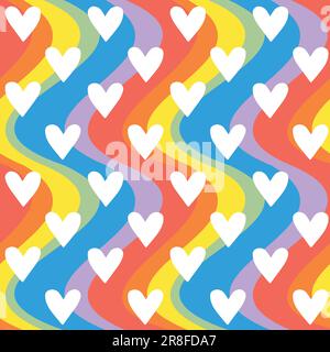 Vector seamless pattern of hearts isolated on groovy wavy lgbt flag rainbow Stock Vector