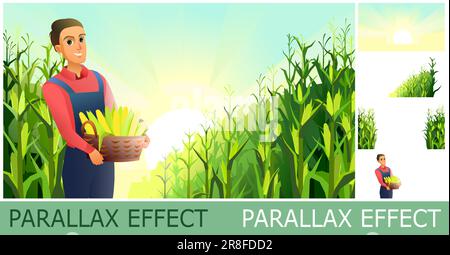 Young farmer in the corn field. Basket with cobs. set of slides create parallax image layer. Cartoon style. Isolated on white background. Vector. Stock Vector