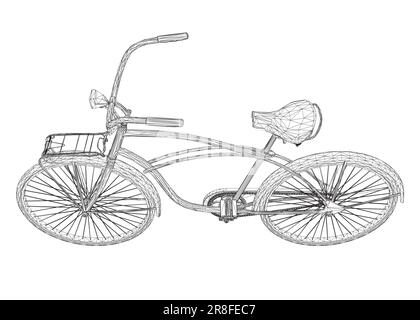 Wireframe vintage bicycle, vector. Black and white retro bicycle. 3D. Stock Vector