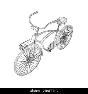 Wireframe vintage bicycle, vector. Black and white retro bicycle. 3D. Stock Vector