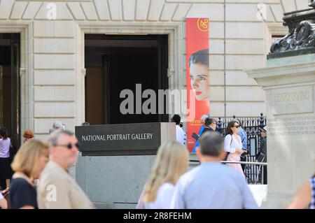 London, UK, 21st June 2023. Queues formed outside the National Portrait Gallery, reopened after 3 years of closure for a major transformation with the new entrance on the North facade of the building. Today was for members and patrons to view, tomorrow the gallery will be open to the public. Credit : Monica Wells/Alamy Live News Stock Photo