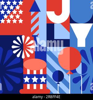 USA holiday 4th of July geometric letters, color block pattern. American flag colors and symbols, celebration Independence Day. Vector print, seamless Stock Vector