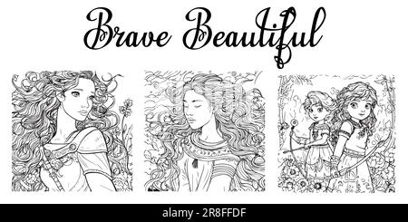 A set of Brave Beautiful coloring book page vector design Stock Vector