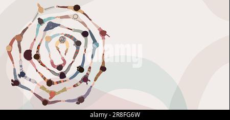 Group of people in circle from diverse culture holding hands.Teamwork and cooperation.Community of friends or volunteers committed to social issues Stock Vector