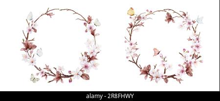 Watercolor cherry blossom wreath and butterflies. Natural round frame with sakura tree and leaves branch, vector isolated on white background. Stock Vector