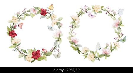 Set of watercolor wreaths with rose, leaves and butterflies. Collection botanical vector isolated on white background suitable for Wedding Invitation, Stock Vector