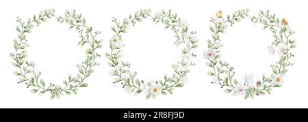Set of watercolor wreaths with flowers leaves and butterflies. Collection botanical vector isolated on white background suitable for Wedding Invitatio Stock Vector