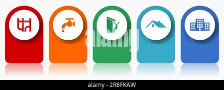 Home service icon set, flat design miscellaneous colorful icons such as pipe, tap, roof and gutter, house and building for webdesign and mobile applic Stock Vector