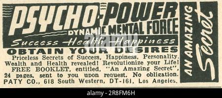 Psycho-Power dynamic Mental Force - Success Health Happiness - Booklet Amazing Secret Paty Co Los Angeles CA USA advert in a magazine 1949 Stock Photo