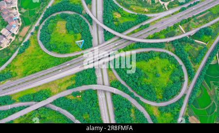 CHONGQING, CHINA - JUNE 20, 2023 - An aerial view of an overpass at a highway interchange hub in Chongqing, China, June 20, 2023. In recent years, Lia Stock Photo