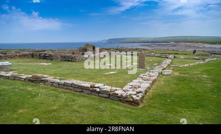 Remains of the Norman settlement on The Brough of Birsay, an uninhabited tidal island off the north-west coast of The Mainland of Orkney, Scotland. Stock Photo