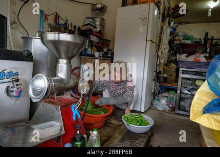 Jeonju, South Korea - June 5, 2023: A woman washing vegetables at Jeonju Market, South Korea. Stock Photo