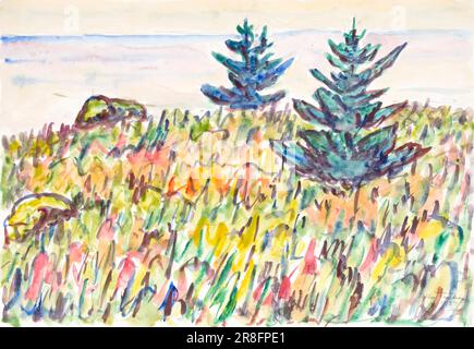 Watercolor no. 35, Field with Two Pine Trees 1937 by Allen Tucker, born Brooklyn, NY 1866-died New York City 1939 Stock Photo