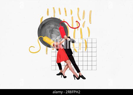 Template drawing picture collage of people guy lady with squeezy bottle face have 14 february event romantic dinner dancing tango Stock Photo