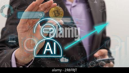 Hand touching digital chatbot for provide access to information and data in online network, robot application and global connection, AI, Artificial Stock Photo