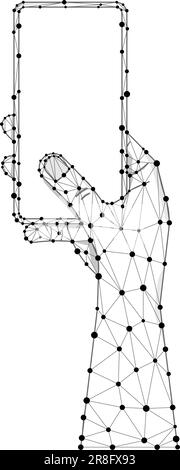 Hand hold mobile phone polygon wireframe vector illustration. Digital smartphone device in hand with finger isolated on white background. Low poly gad Stock Vector