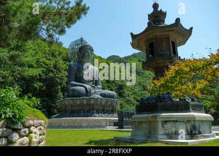 Sokcho, South Korea - June 17, 2023: Buddha statue at Sinheungsa Temple located in Seoraksan National Park, Sokcho, South Korea. Stock Photo