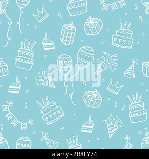 Fun hand drawn party seamless background with cakes, gift boxes, balloons and party decoration. Great for birthday parties, textiles, banners, wallpap Stock Vector